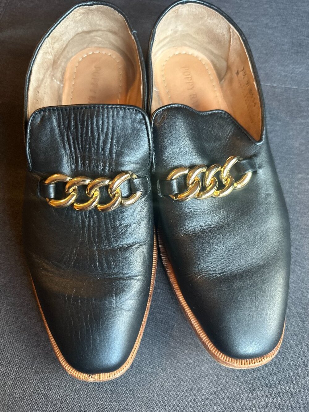Poppy Barley Black Leather Gold Chain Loafers 7.5 Wide Made in Mexico